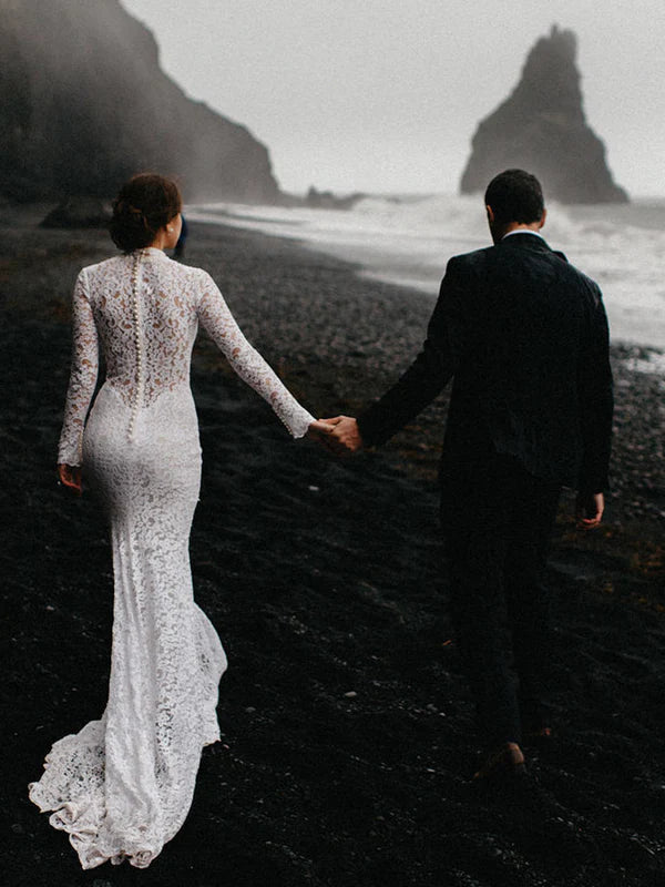 Luolandi Long Sleeves Mermaid Wedding Dresses Lace Bridal Gowns Floor Length Elegant