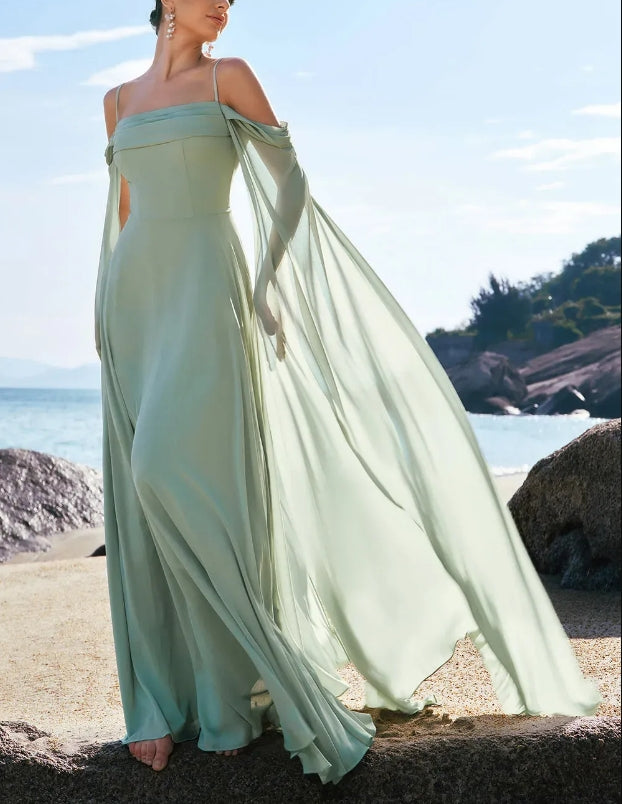 Luolandi Light Green Cold Shoulder A-Line Chiffon Watteau Train Bridesmaid Dress Charming Evening Party Dress Formal Dress