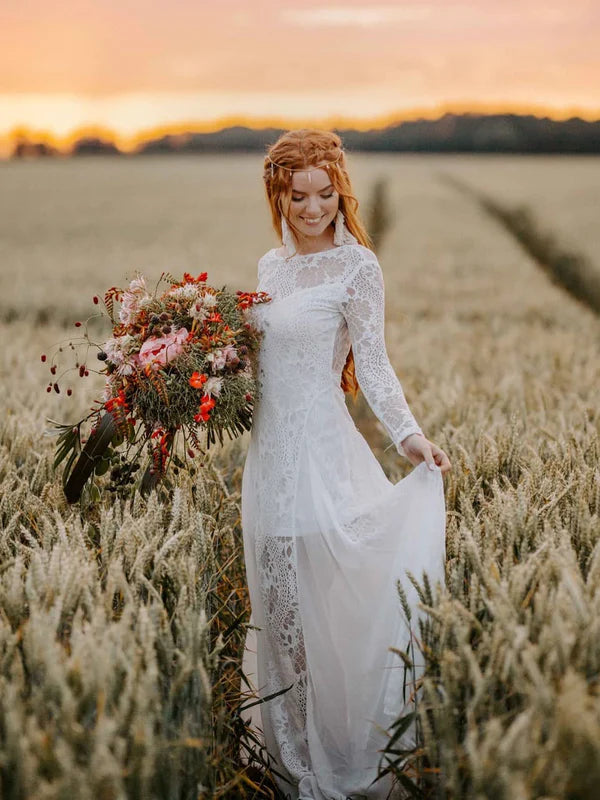 Luolandi Fabulous Backless Lace Illusion Longsleeves Wedding Dresses A-Line Bridal Gown Excluding the decorative chain on the back