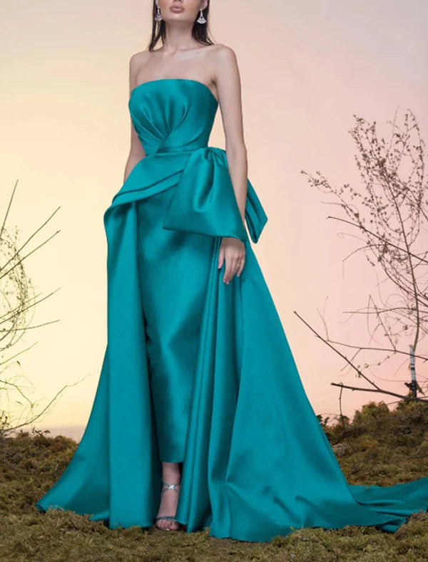 Luolandi A-Line Party Dress Celebrity Style Elegant Vintage Wedding Guest Prom Dress Strapless Sleeveless Court Train Satin with Bow(s) Overskirt Evening Dress