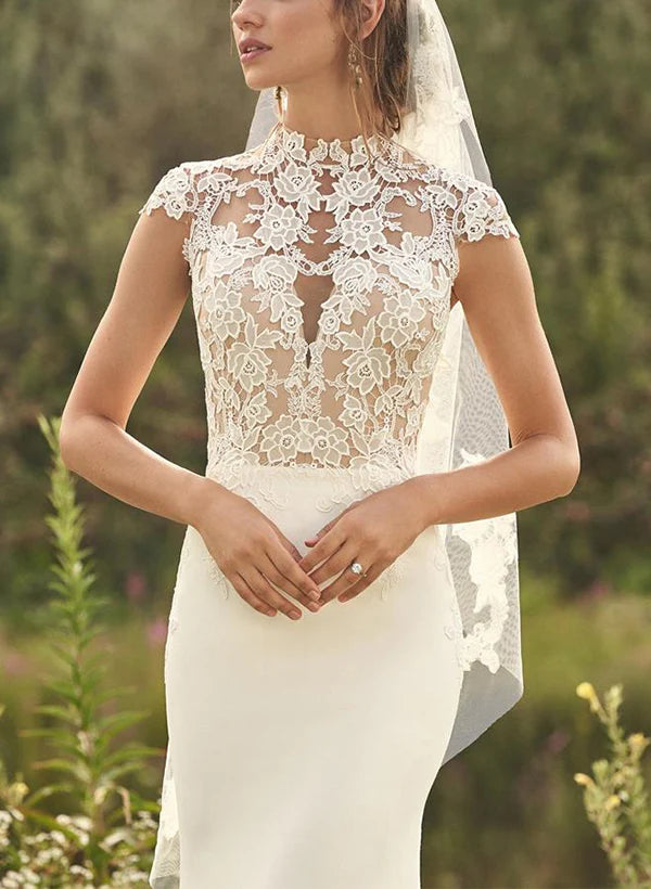 Luolandi High Neck Lace/ Satin Trumpet/Mermaid Wedding Dresses Floor Length Elegant