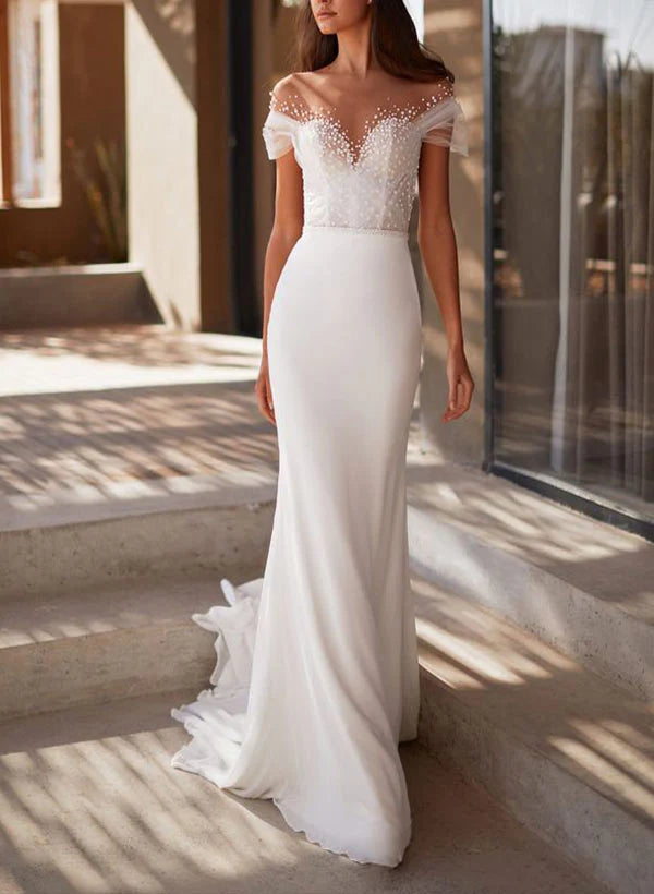 Luolandi Charming Illusion Neck Short Sleeves Sweep Train Long Wedding Dresses With Beading Elegant Bridal Gown