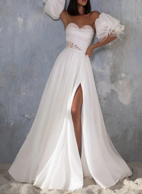 Luolandi Sweetheart Short Sleeves Court Train Tulle Wedding Dress With Split Front Off Shoulder