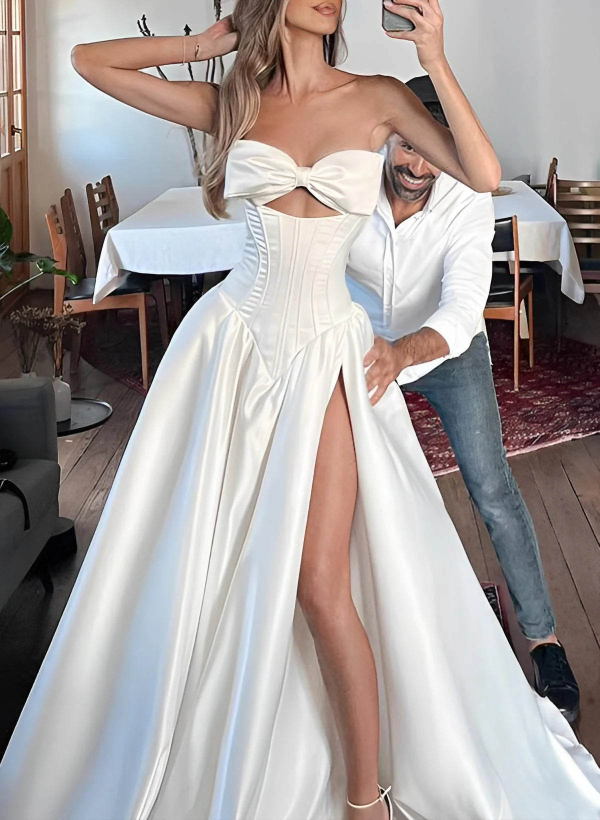 Luolandi Satin Wedding Dresses With Split Front Off Shoulder Sleeveless Floor Length With Bow(s)