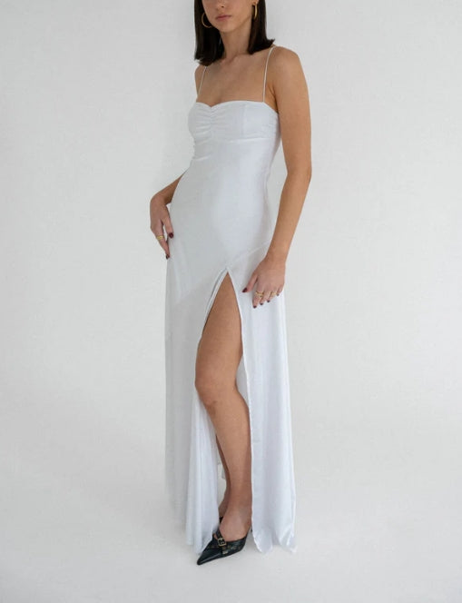 Luolandi Red A-Line Spaghetti Straps Long Prom Dress with Slit Yellow Formal Dress Simple Evening Party Dress