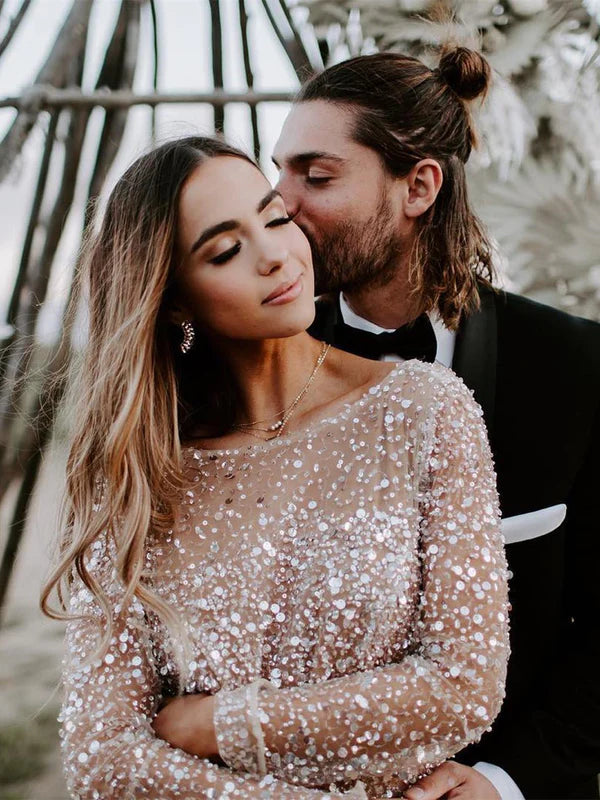 Luolandi Shining Wedding Dresses Illusion Long A-line Bridal Gowns Long Sleeves Floor Length Charming