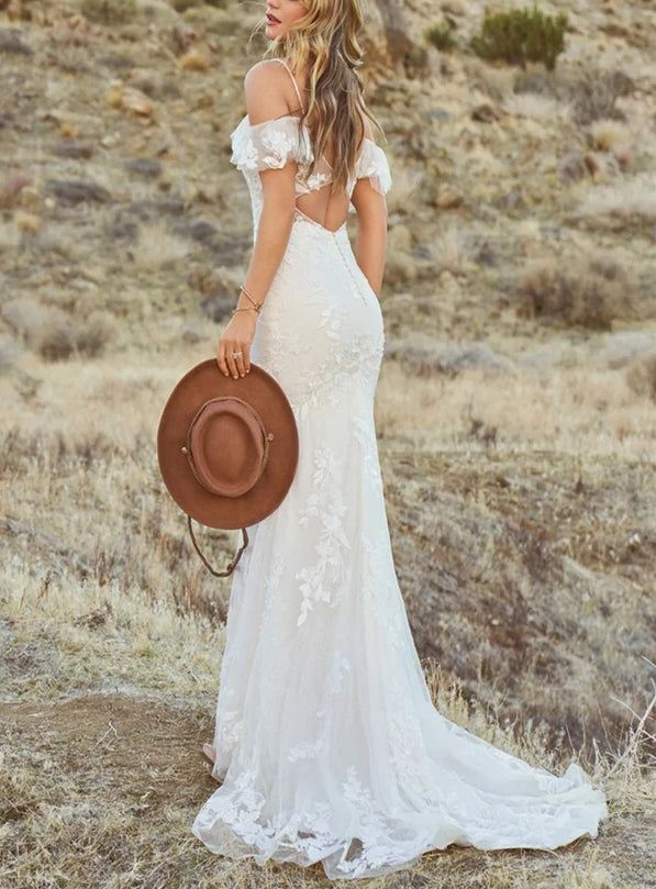 Luolandi Off-Shoulder Lace Trumpet/Mermaid Wedding Dresses Open Back Sweep Train Elegant Sexy