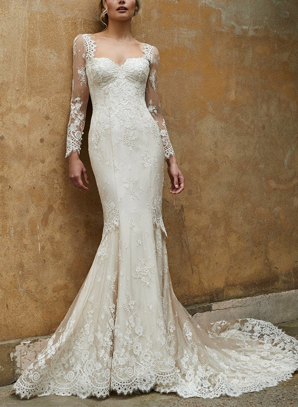 Luolandi Sweetheart Long Sleeves Lace Wedding Dresses Trumpet/Mermaid Style Floor Length Elegant