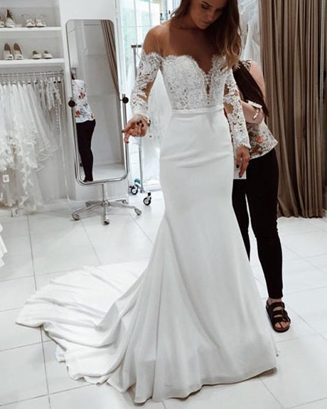 Luolandi Popular Chiffon Batea Neckline Sheath Wedding Dresses With Appliques Off Shoulder Elegant
