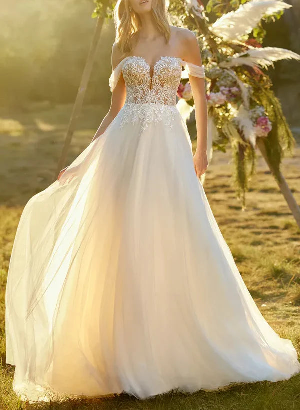 Luolandi Off-The-Shoulder Sleeveless Lace/Tulle Wedding Dress With Appliques Lace Floor Length Elegant