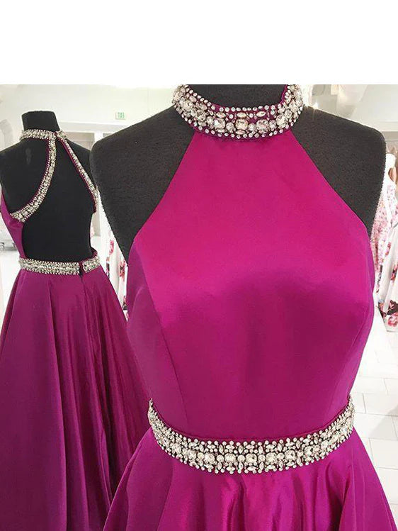 Luolandi Popular Satin Jewel Neckline Backless Sweep Train A-line Prom Dresses With Rhinestones Evening Dresses