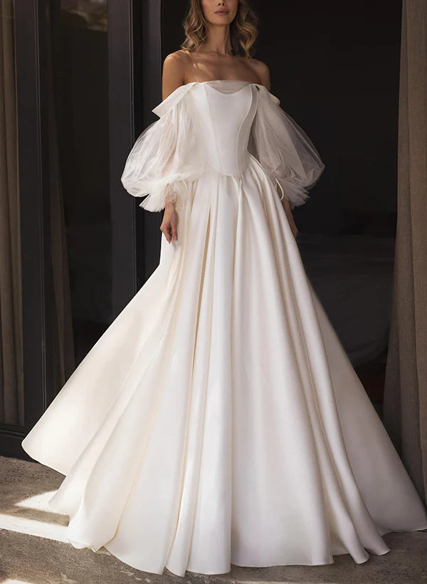 Luolandi A-Line Off-The-Shoulder Long Sleeves Satin Wedding Dresses With Pleated Elegant