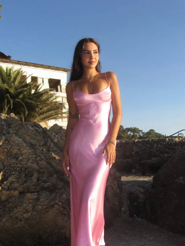 Luolandi Pink Satin Prom Dress Long Evening Dress Simple Party Dress Formal Dress