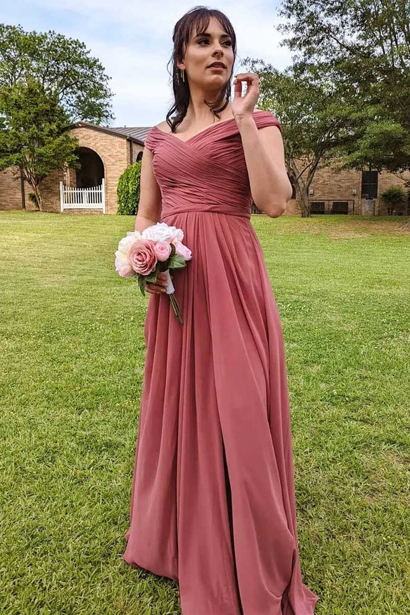 Luolandi Chiffon Off-the-Shoulder Long Bridesmaid Dress with Slit Elegant Evening Party Dress