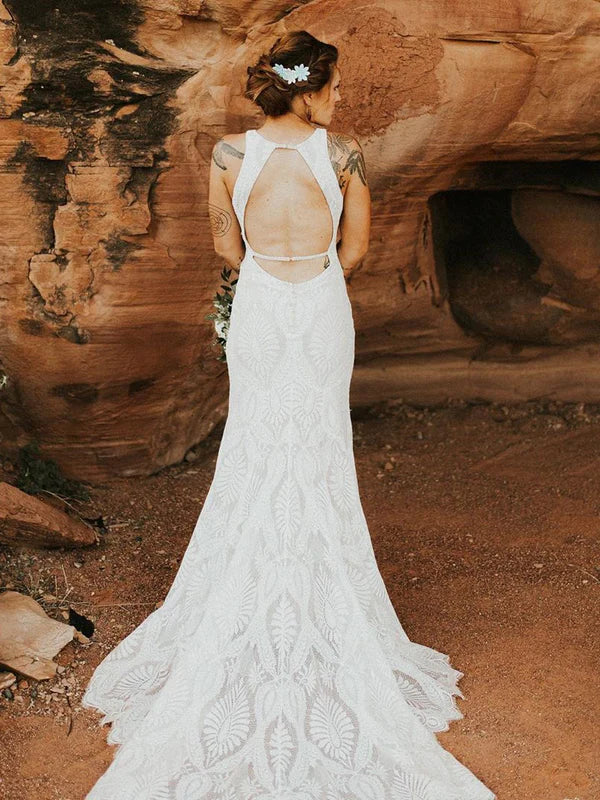 Luolandi Sexy Backless Halter Neckline Mermaid Panel Train Sheath Wedding Dresses Elegant