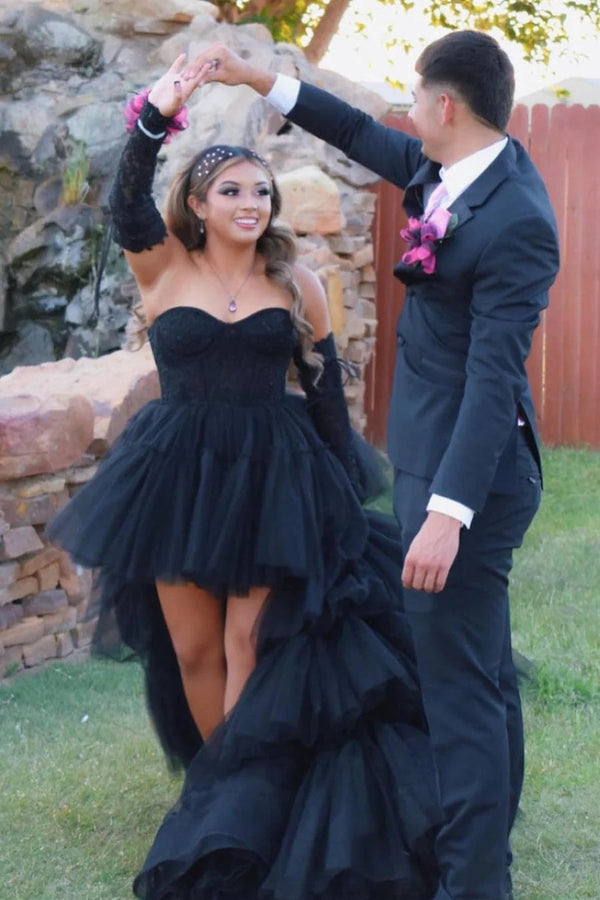 Luolandi A-Line Asymmetrical Strapless Tiered Tulle Prom Dress Off Shoulder Sexy Evening Dress