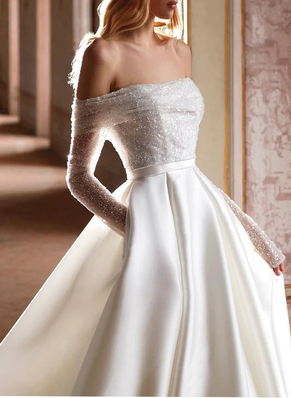 Luolandi Off-The-Shoulder A-Line Wedding Dress With Long Sleeves And Pockets Featuring Sequins Sparkly