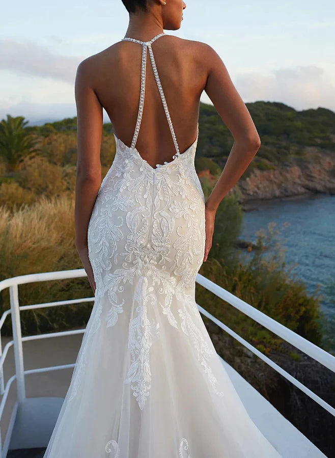 Luolandi Mermaid Wedding Dresses With Lace And Back Hole V-neck Floor Length Elegant