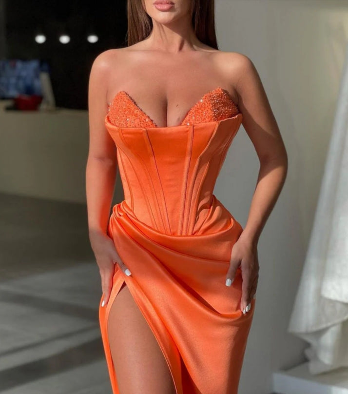 Luolandi Mermaid Strapless Sweetheart High Split Ruffles Floor Length Sleeveless Open Back Prom Dress Off Shoulder Sexy Evening Dress