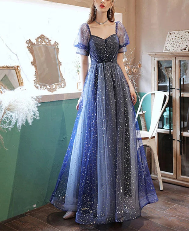 Luolandi Dark Blue Sweetheart Short Sleeves Formal Dress A-line Prom Dress Elegant Evening Dress