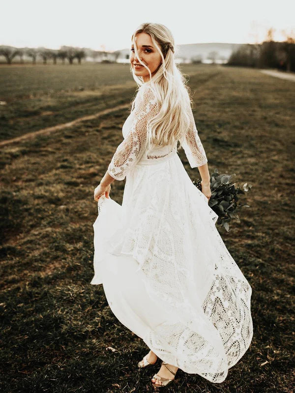 Luolandi Simple Long Sleeves Lace Backless Wedding Dresses A-line Bridal Gowns Elegant