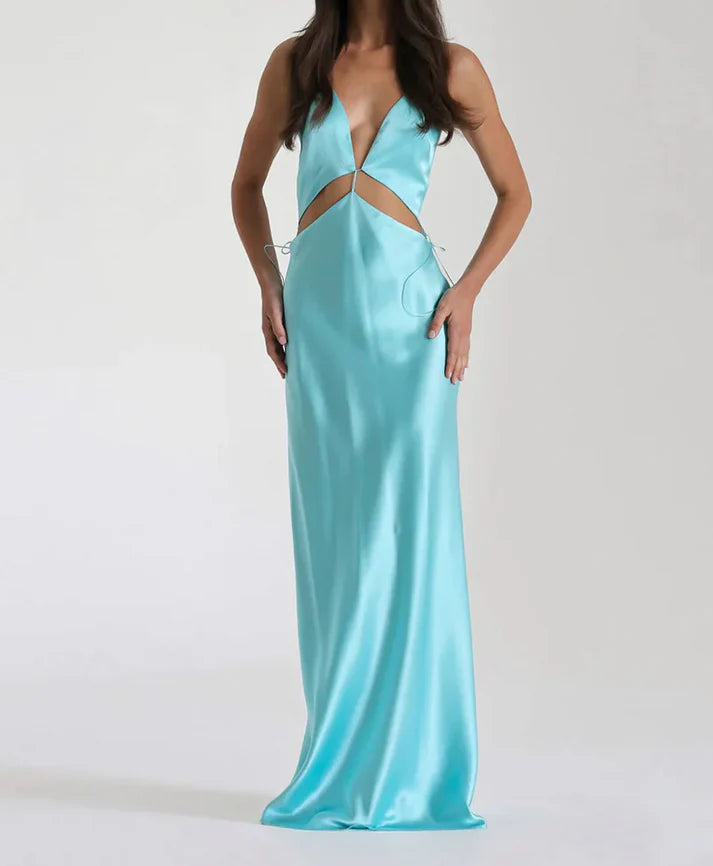 Luolandi Hot Pink V Neck Backless Simple Satin Long Party Dress Sexy Evening Dress Formal Dress