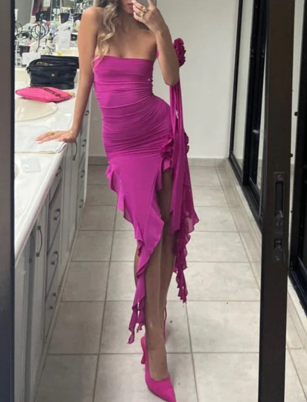 Luolandi Sexy High Low Off The Shoulder Chiffon Ruffles Prom Dress Birthday Outfits Charming Party Dress