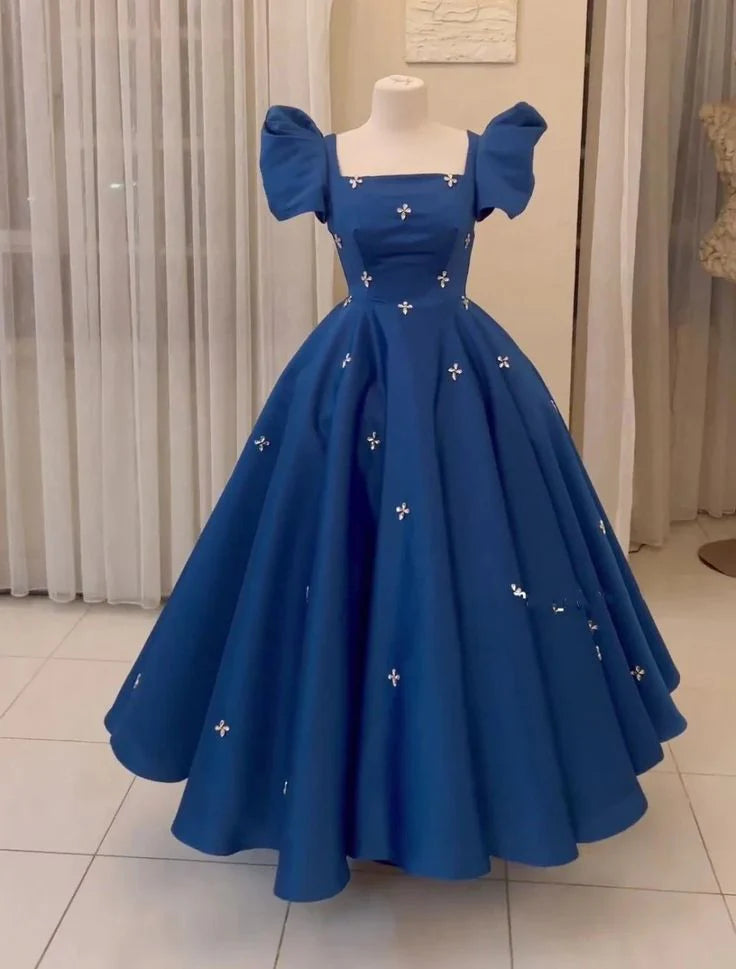 Luolandi Navy Blue Square Ball Gown Party Dress Satin Formal Evening Dress Short Sleeves Prom Dress