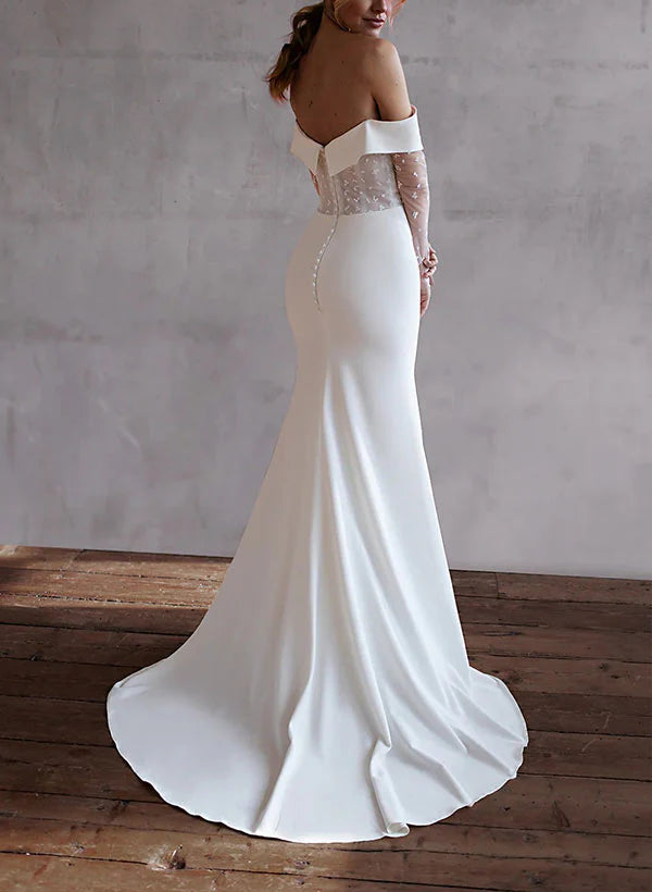 Luolandi Off-The-Shoulder Long Sleeves Sweep Train Lace/ Satin Wedding Dress With Lace Elegant