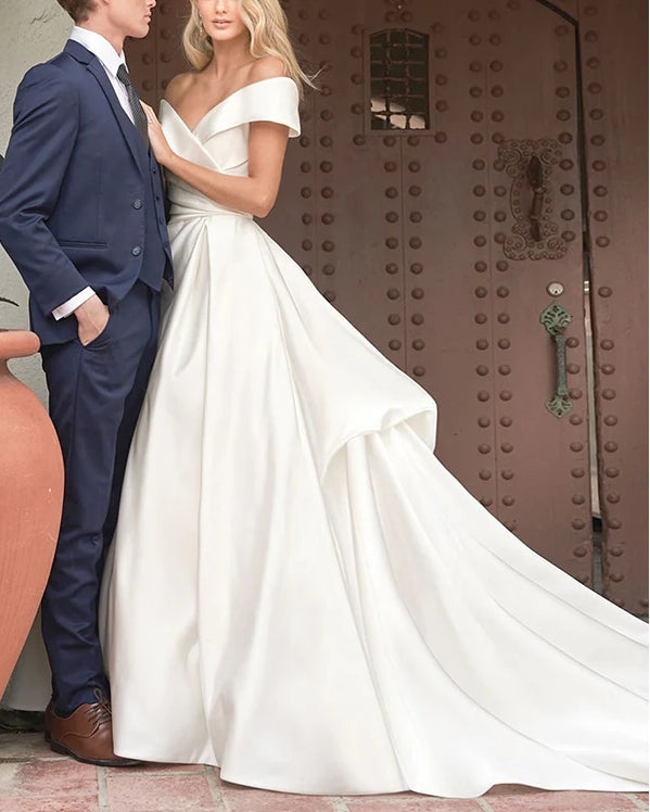 Luolandi Off-The-Shoulder Vintage Satin Wedding Dresses With Ruffle/Pockets Solid Color Elegant