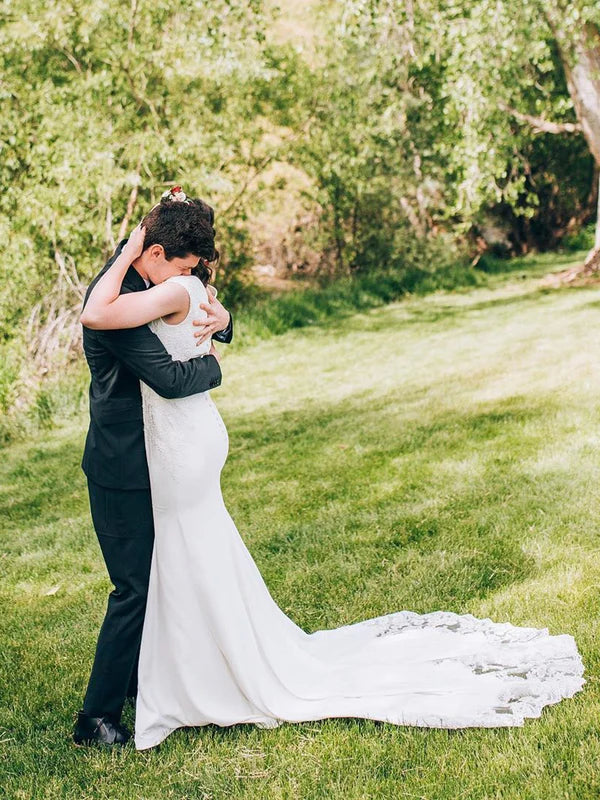 Luolandi Romantic Lace Mermaid Sleeveless Chapel Train Wedding Dresses Elegant Bridal Gown