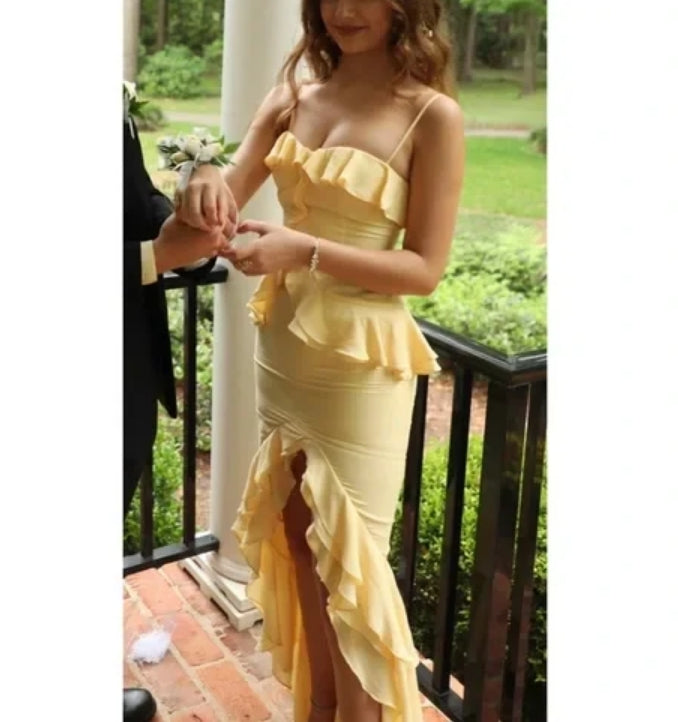 Luolandi Yellow Spaghetti Straps Sheath Ruffle Party Dress Wedding Guest Dress Charming