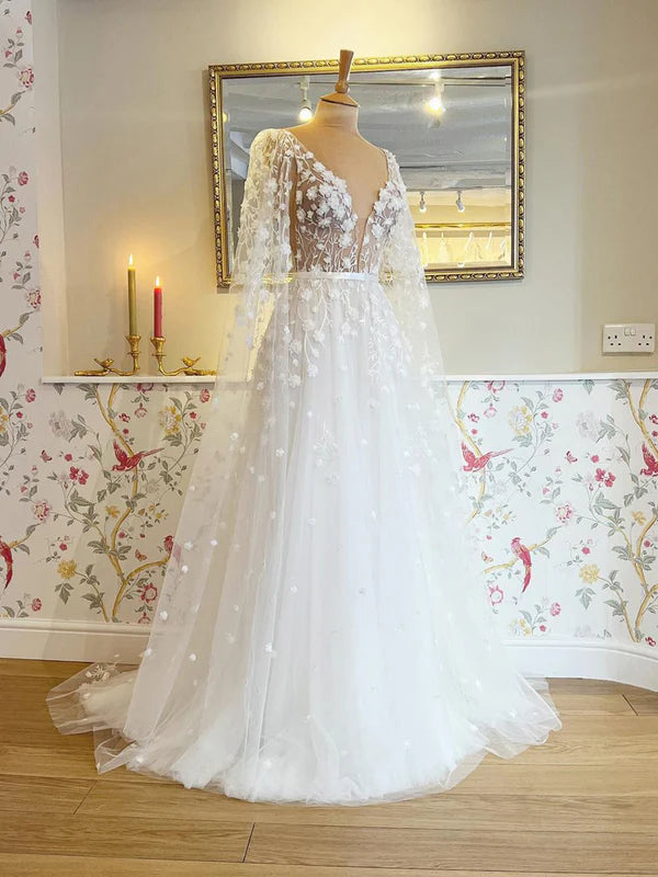 Luolandi 3D Flowers See Through Bodice Bridal Gown V Neck Wedding Dress with Detachable Sleeves Sexy