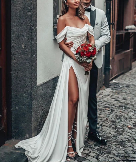 Luolandi Off-The-Shoulder A-Line Satin Wedding Dresses With Split Front Solid Color Simple Sexy Formal Dress