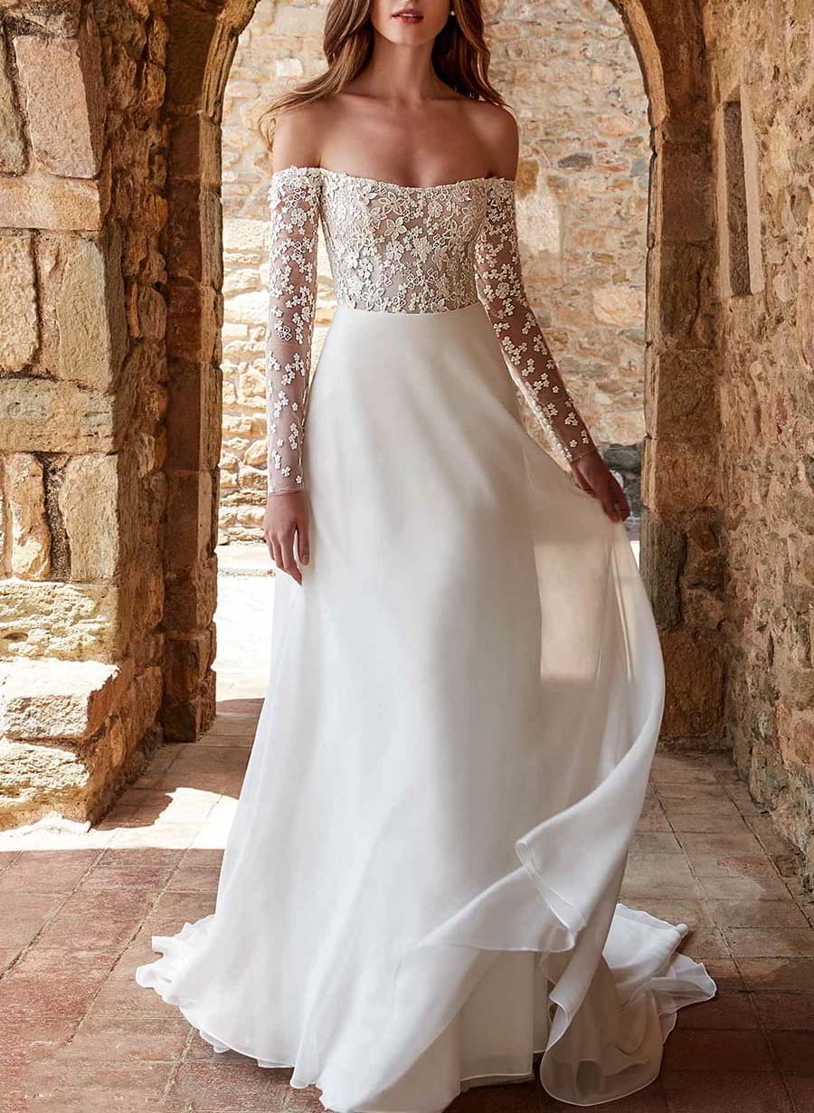 Luolandi Off-The-Shoulder A-Line Wedding Dresses With Lace Long Sleeves Floor Length Elegant