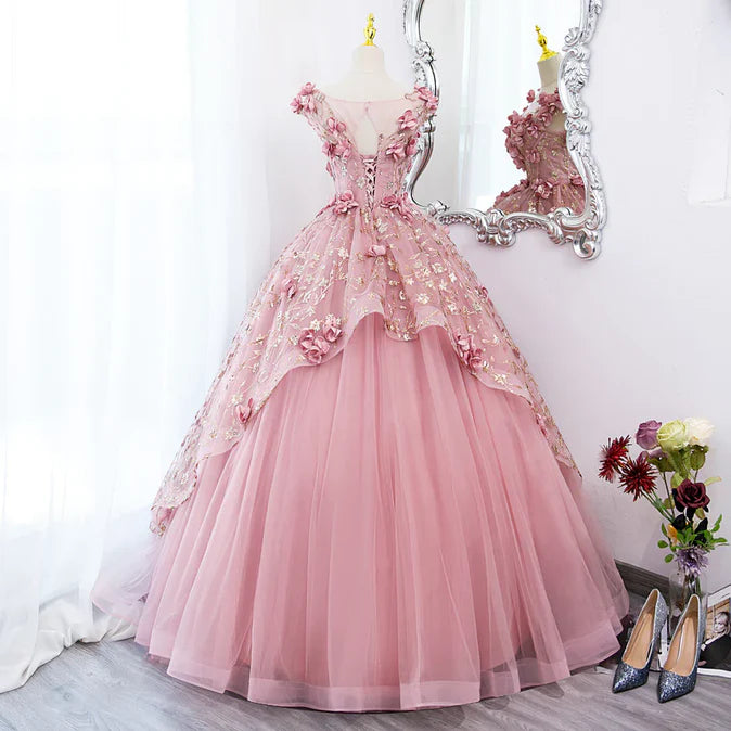 Luolandi Pink Flowers Round Neckline Floor Length Sweet 16 Dress Long Formal Dress Prom Dress With Flowers