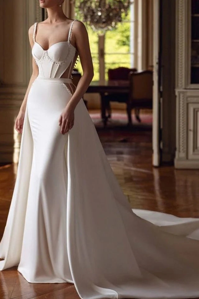 Luolandi Wedding Dress Spaghetti Straps Mermaid Beaded Corset Bridal Dress With Panel Train Sexy
