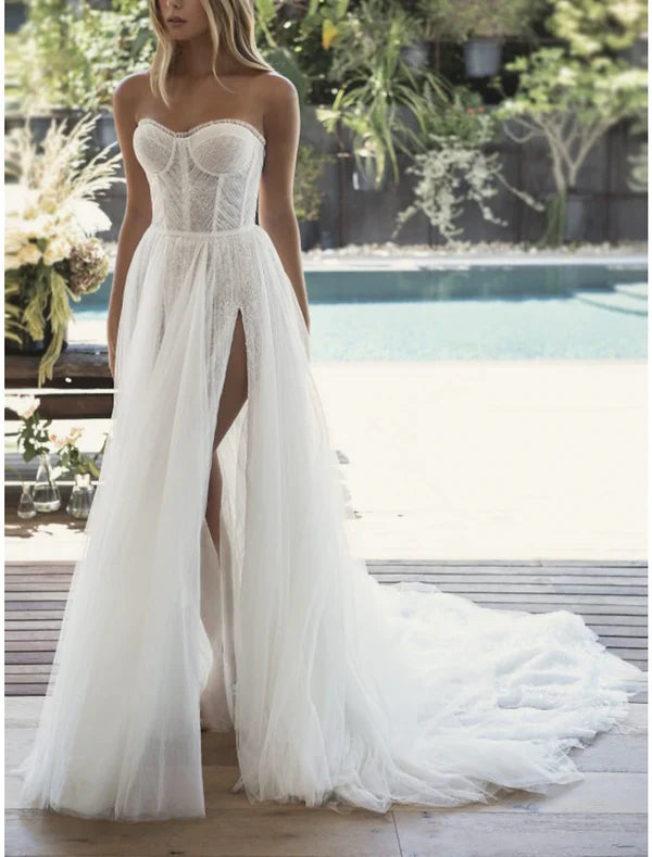Luolandi Beach Sexy Wedding Dresses A-Line Sweetheart Strapless Court Train Lace Bridal Gowns With Pleats Split