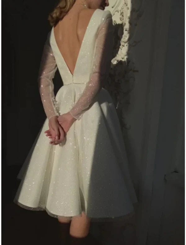 Luolandi Little Dresses Wedding Dresses A-Line V Neck Long Sleeve Knee Length Sequined Bridal Gowns With Pleats Sparkly