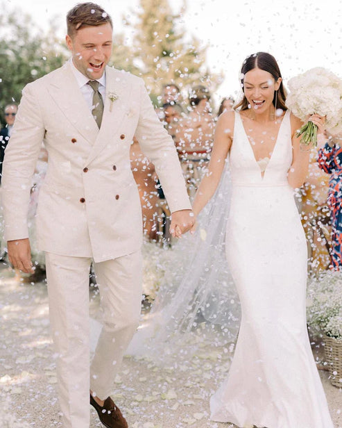 Luolandi Mermaid V Neck Satin Long Wedding Dresses with Train Open Back Beautiful