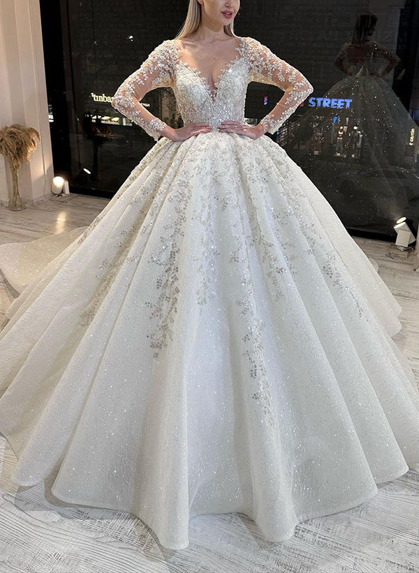 Luolandi Ball-Gown Illusion Neck With Long Sleeves Lace/Tulle Elegant Wedding Dresses A Line Floor Length  Sparkly