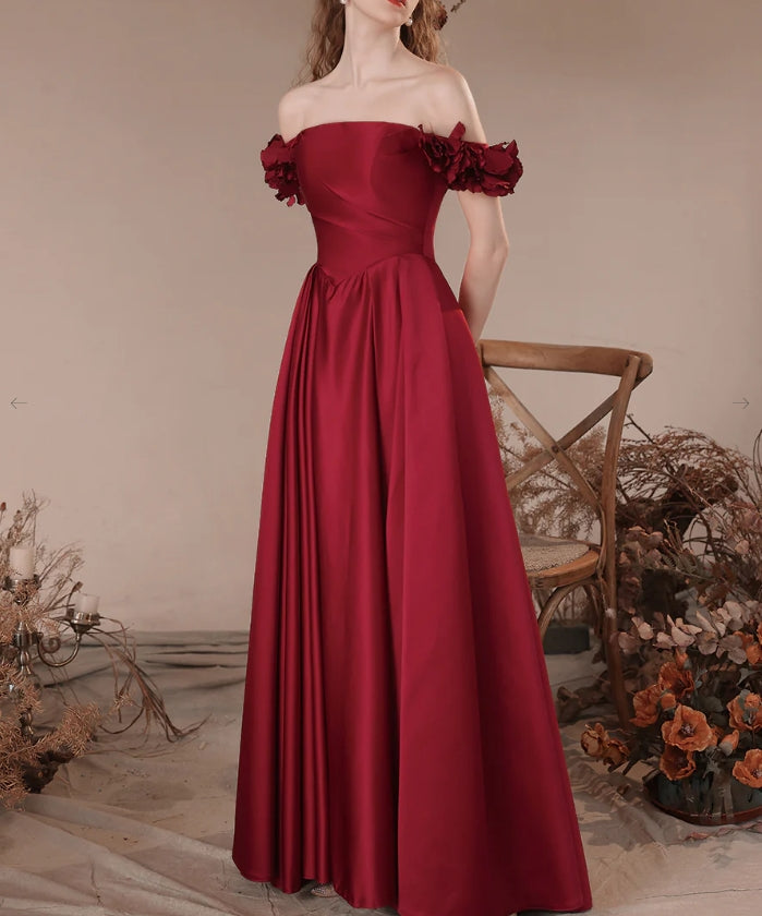 Luolandi Burgundy A-Line Off Shoulder Satin Long Prom Dress Formal Evening Dress december wedding guest dress