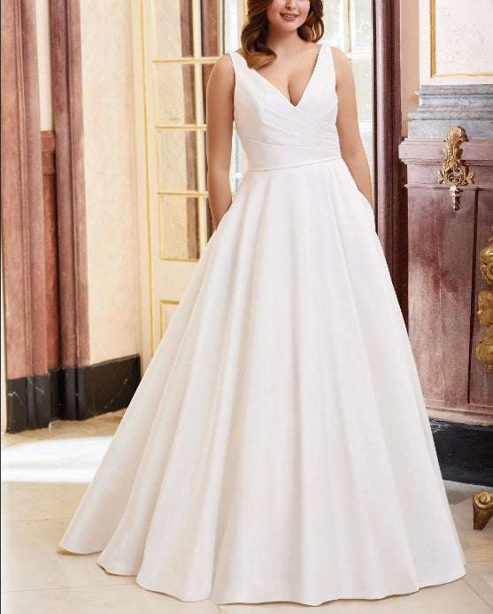Luolandi Satin V-Neck Ball-Gown Wedding Dresses Sleeveless Floor Length Simple Elegant