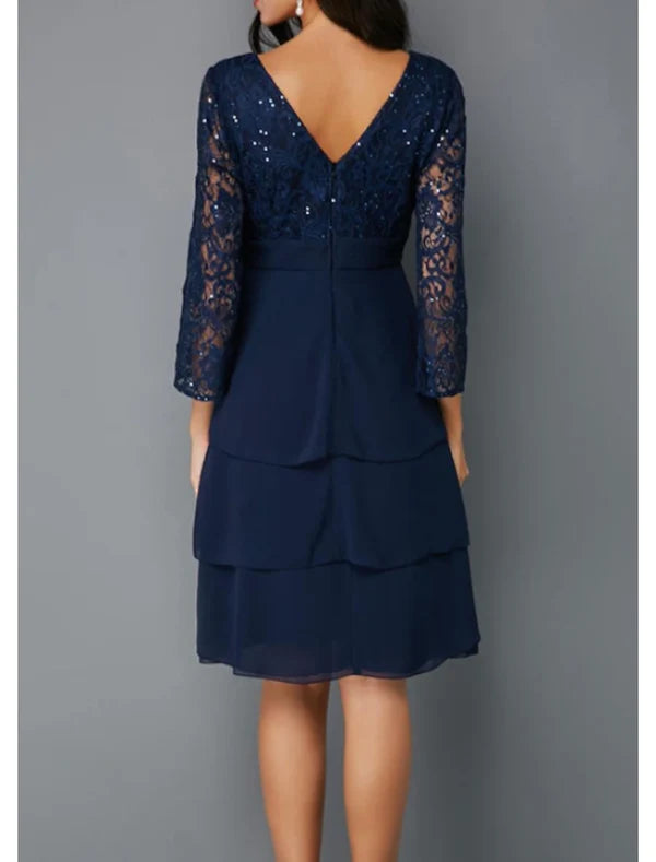 Luolandi A-Line Mother of the Bride Dress Wedding Guest Plus Size V Neck Knee Length Chiffon Lace 3/4 Length Sleeve with Sash / Ribbon Crystals Beading