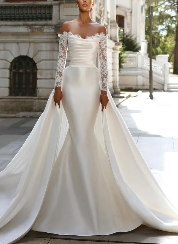 Luolandi Strapless Long Sleeves Satin Wedding Dresses With Lace Trumpet/Mermaid Off Shoulder Elegant