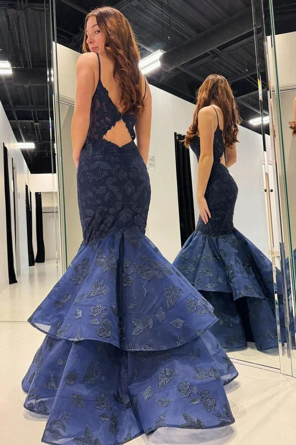 Luolandi Navy Blue V Neck Mermaid Long Prom Dresses with Appliques Sexy Evening Dress