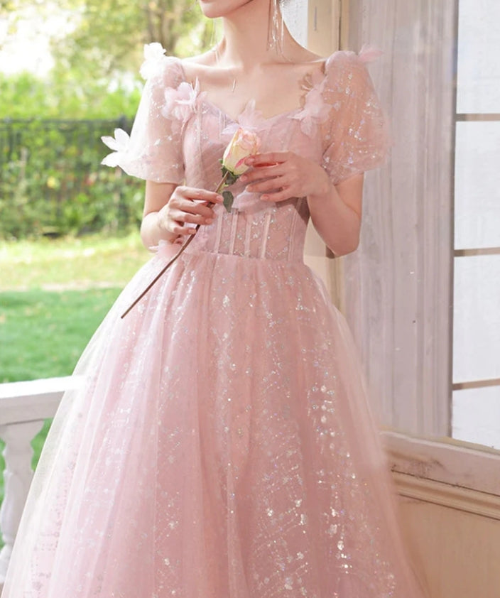Luolandi Beautiful Tulle Flowers Floor Length Prom Dress Pink A-Line Evening Party Dress