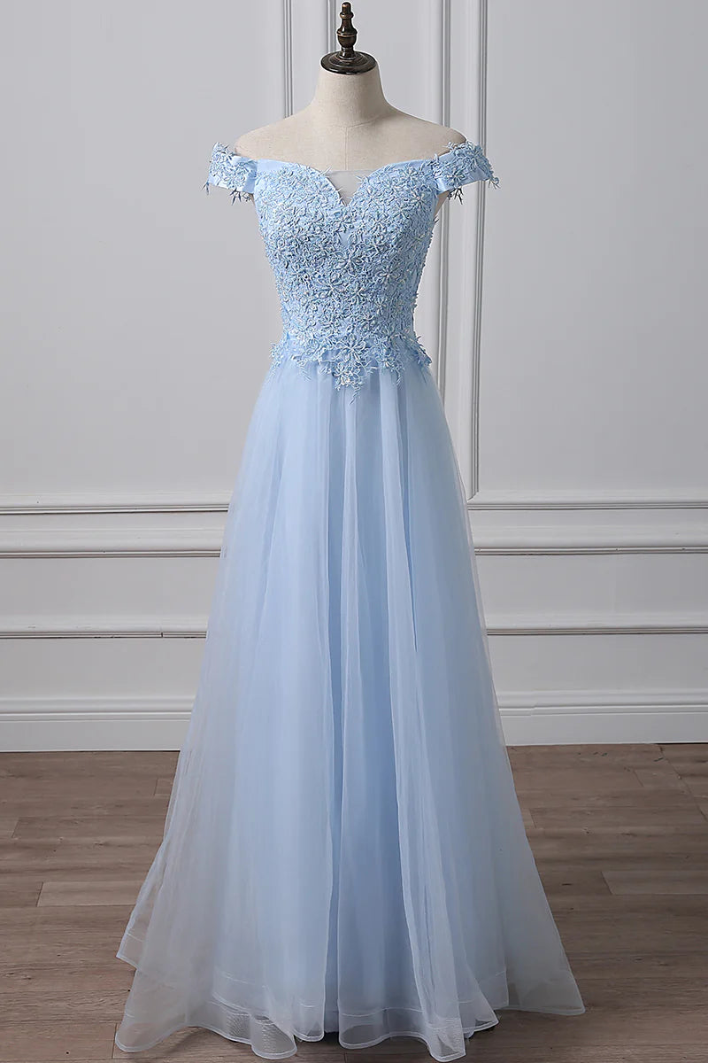 Luolandi Light Blue tulle lace off shoulder long prom dress evening dress with Appliques december wedding guest dress