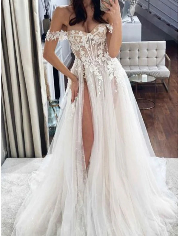 Luolandi Beach Formal Wedding Dresses A-Line Off Shoulder Sleeveless Sweep / Brush Train Lace Bridal Gowns With Pleats Split Sexy