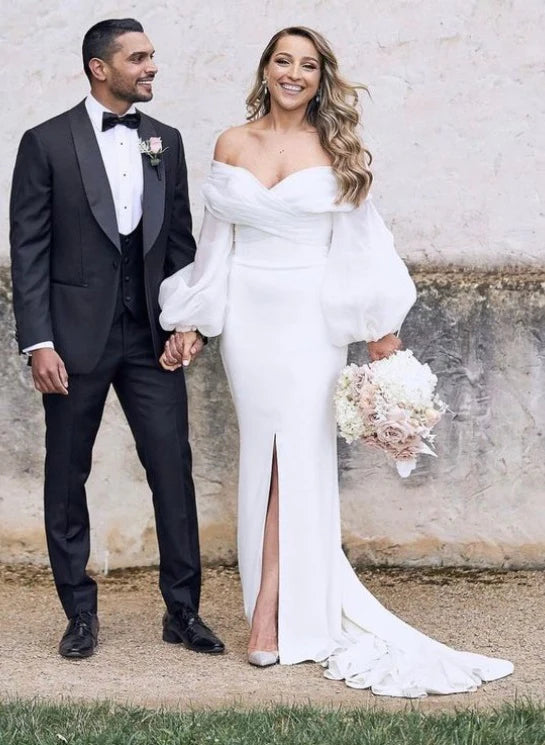 Luolandi Off-The-Shoulder Wedding Dresses With Long Puff Sleeves Floor Length With Slit Simple